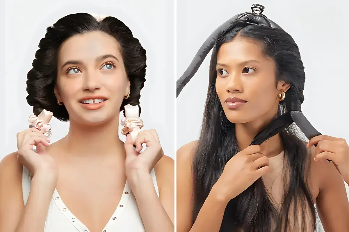 Tuto boucle sans chaleur : deux femmes montrent comment enrouler leurs cheveux sur un rouleau souple pour des ondulations naturelles.