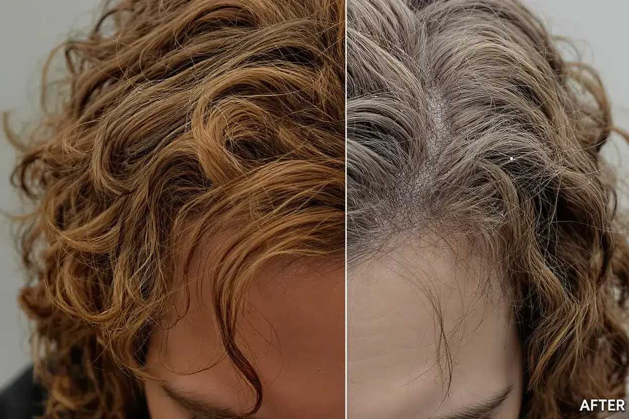Cheveux gonflés avant et après traitement. La partie gauche montre des cheveux bruns et bouclés, la partie droite des cheveux plus fins et gris.
