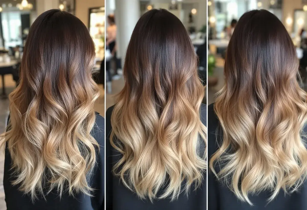 Chevelure brune aux pointes blondes, un magnifique balayage dégradé aux ondulations douces.