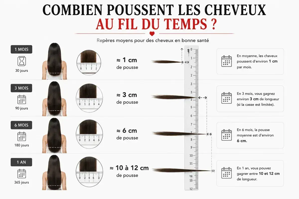Les cheveux poussent d'environ 1 cm par mois. L'image montre la croissance des cheveux sur 1 mois, 3 mois, 6 mois et 1 an.
