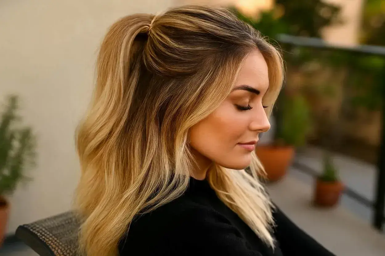 Une femme aux cheveux blonds dégradés, attachés en queue de cheval haute. Une inspiration pour savoir comment faire un balayage maison.