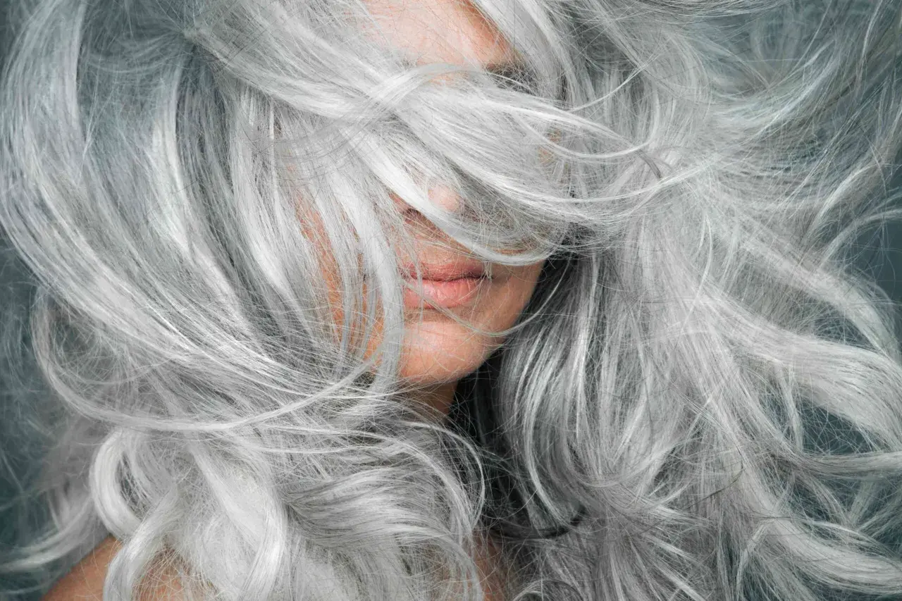 Gros plan sur une femme aux cheveux poivre et sel naturels, une chevelure argentée et volumineuse qui encadre son visage.