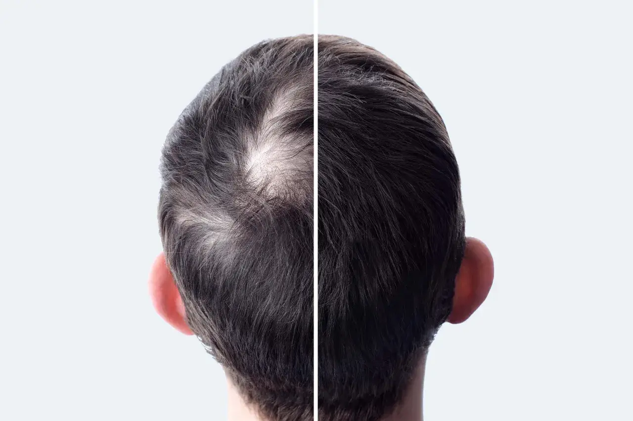 Comparaison avant/après : le côté gauche montre des cheveux clairsemés, le côté droit une chevelure plus dense.