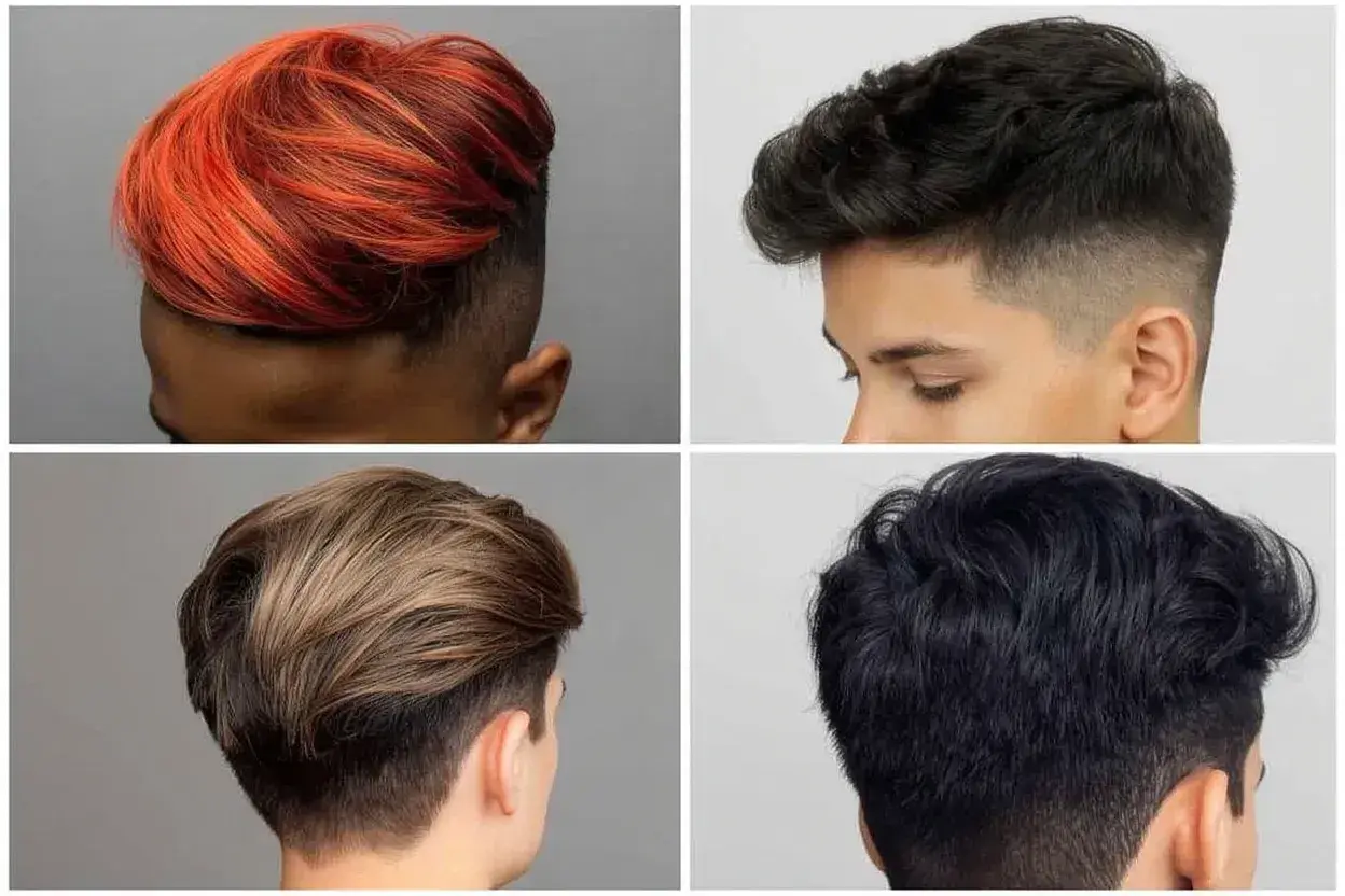 Quatre styles de coupe ado : cheveux roux dégradés, bruns ondulés, blonds et noirs.