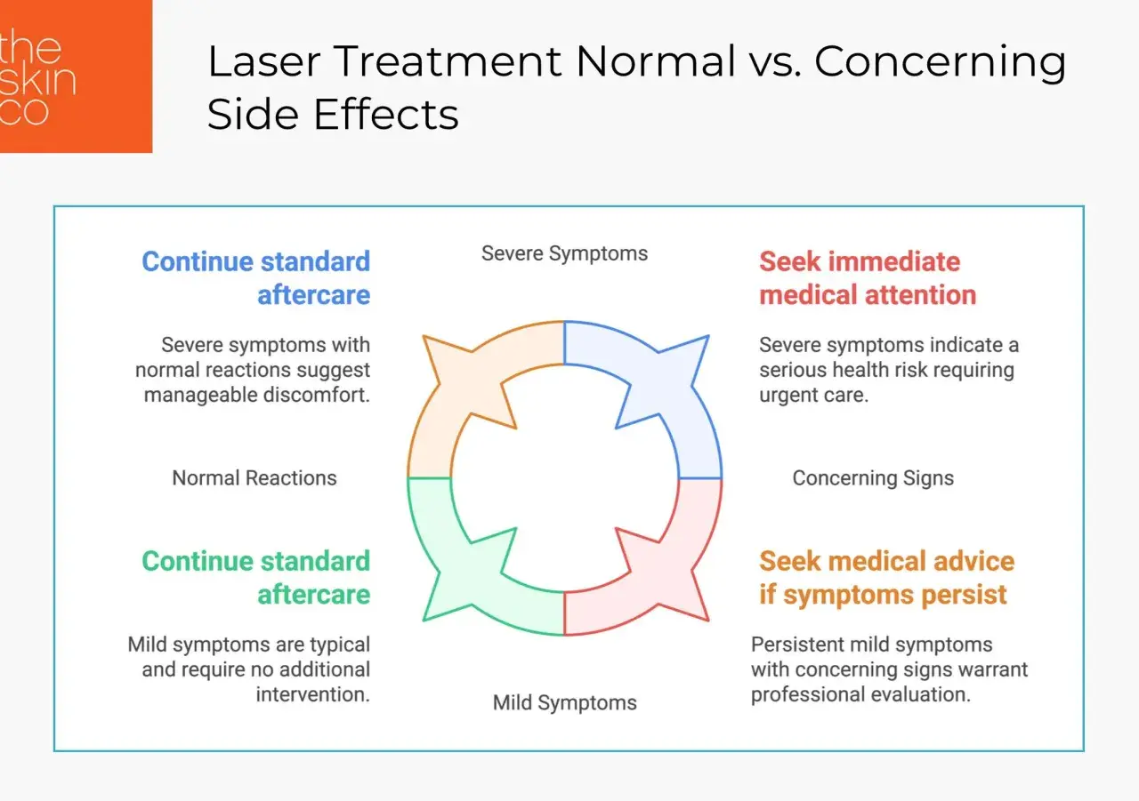 Schéma des effets secondaires de traitement laser : symptômes normaux vs. inquiétants. Pas de mention de Furterer Triphasic progressive.