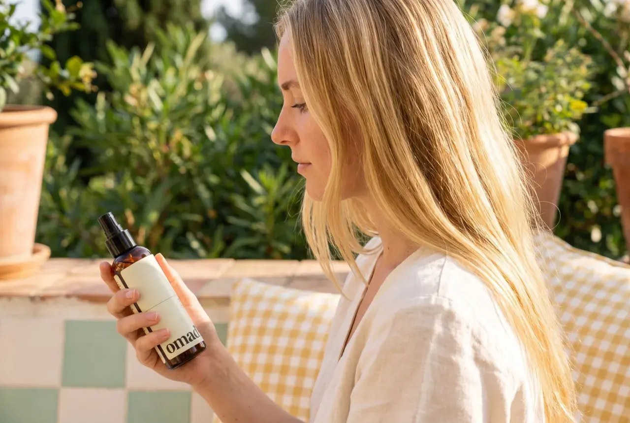 Une femme aux cheveux blonds tient un flacon. Elle cherche à éclaircir ses cheveux naturellement avec ce produit.