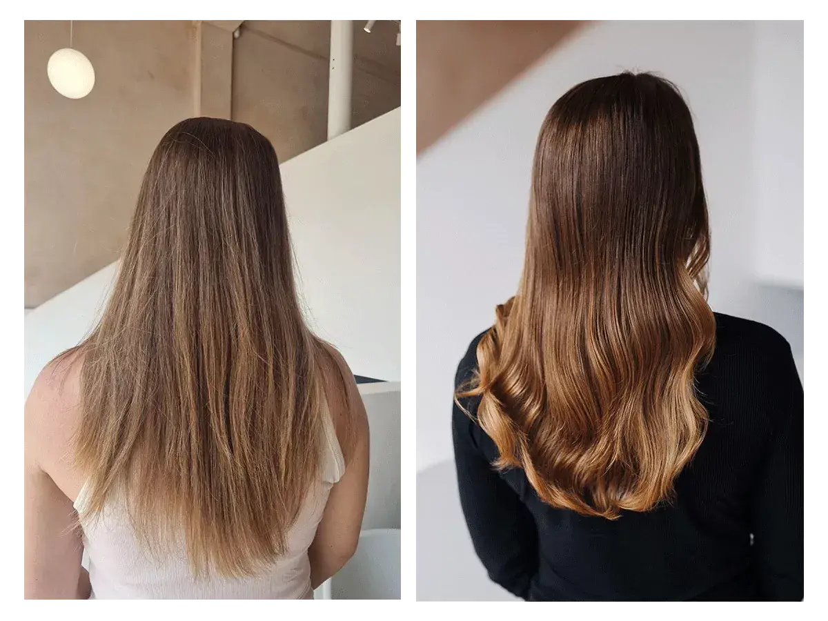 Avant/après : des mèches subtiles et lumineuses obtenues avec une coloration végétale.