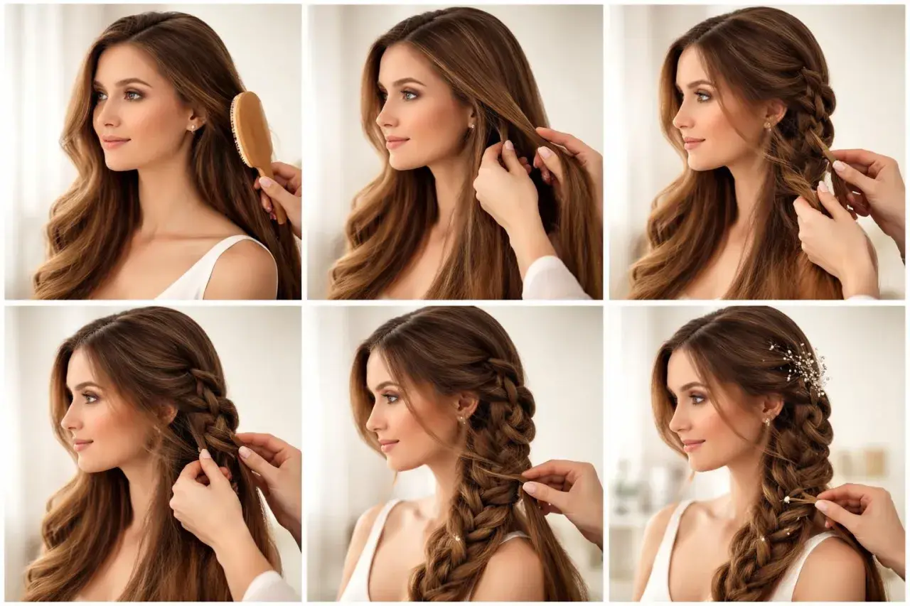 Étapes pour réaliser une magnifique tresse hollandaise sur cheveux longs. Une coiffure élégante et romantique.