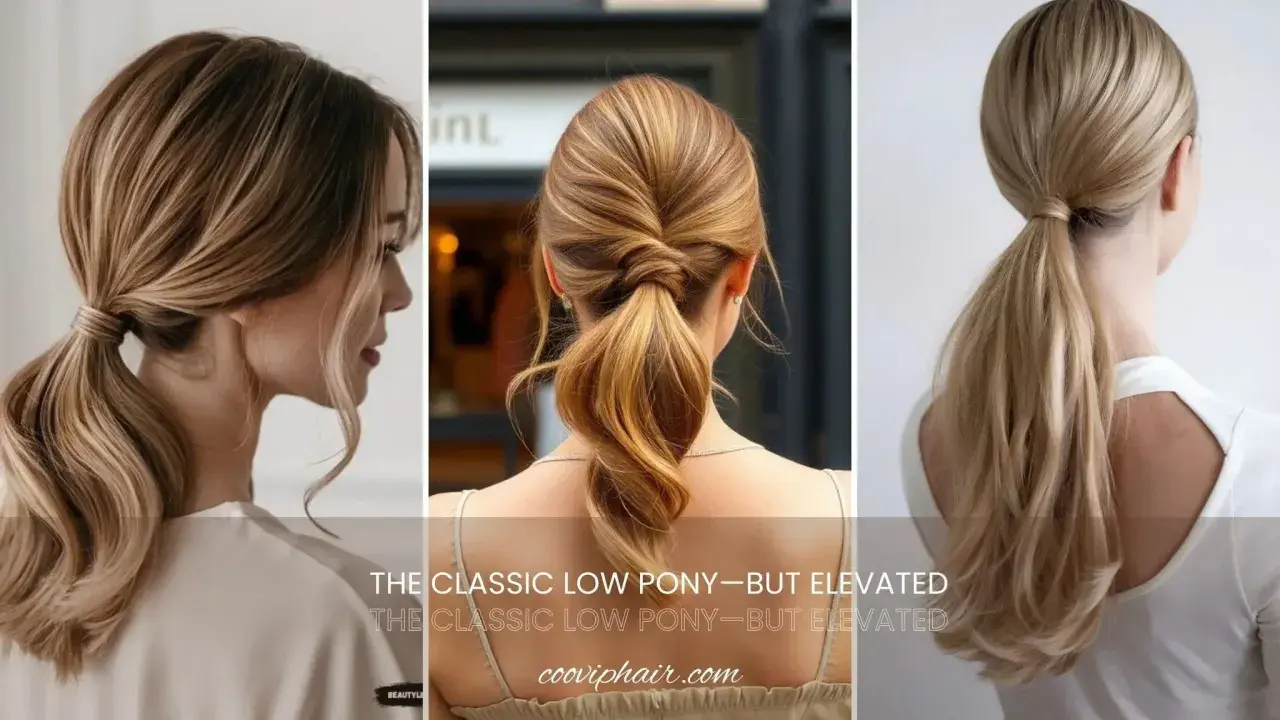 Trois vues de chignons cheveux long : une queue de cheval basse classique, une torsadée et une autre ondulée.