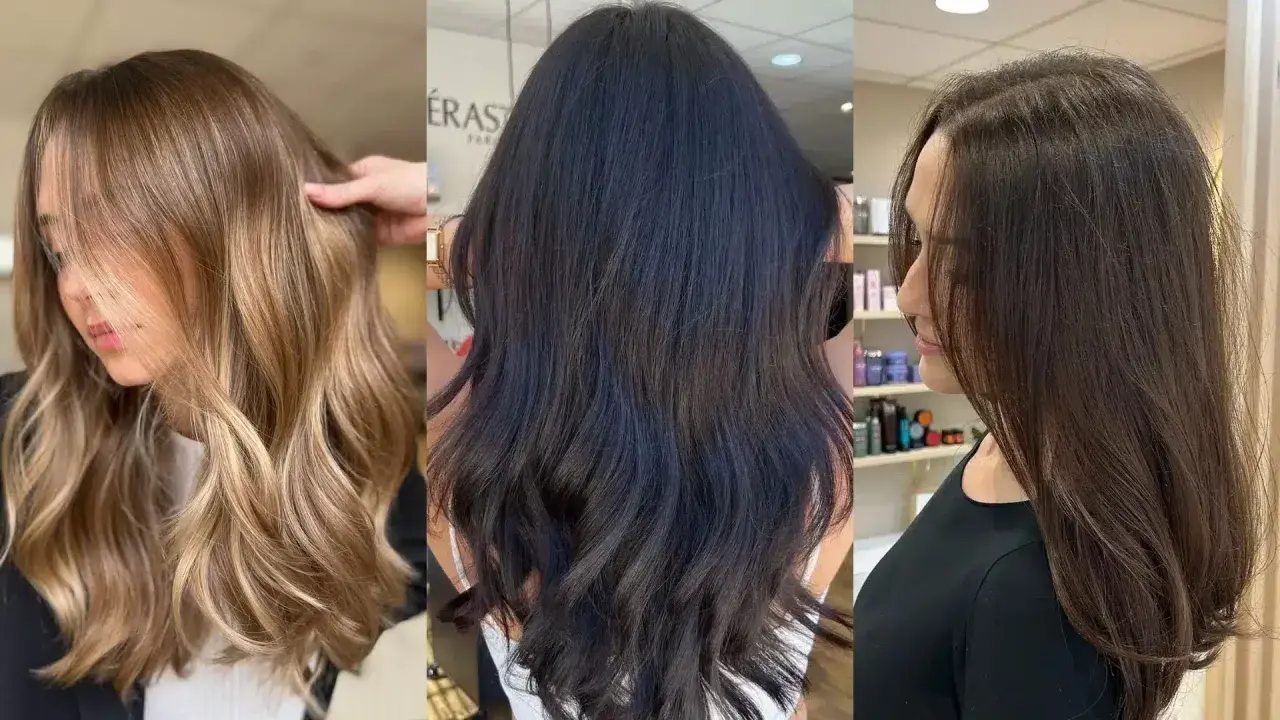 Trois femmes aux cheveux longs et ondulés. La première a une coloration ton sur ton châtain clair avec des reflets blonds. La deuxième a des cheveux d'un noir profond. La troisième a une coloration ton sur ton châtain foncé.