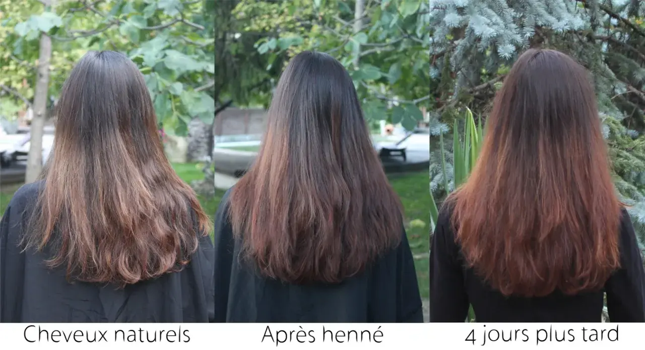 Chevelure brune avant, après le henné et 4 jours plus tard. Le henné a apporté une belle teinte cuivrée.