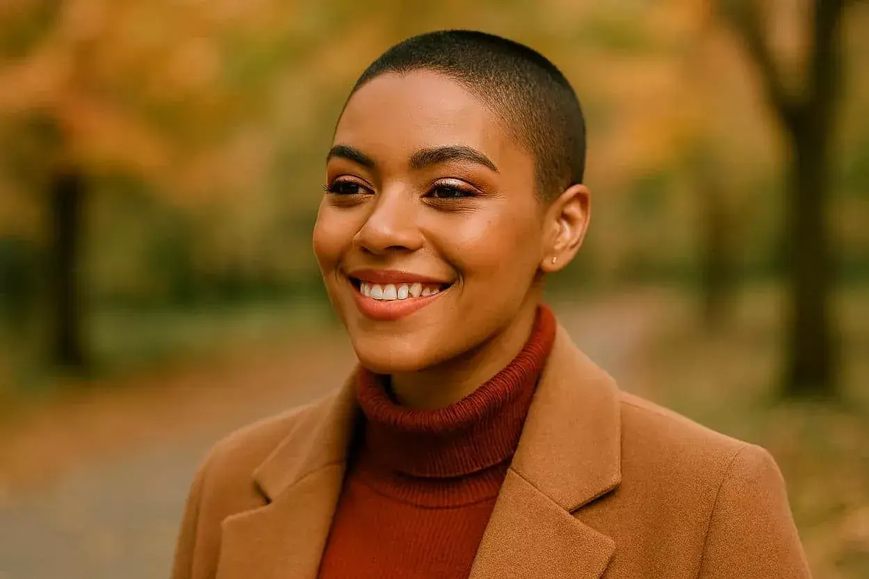Une femme au buzz cut, souriante, porte un manteau camel et un col roulé rouille. L'automne est là.