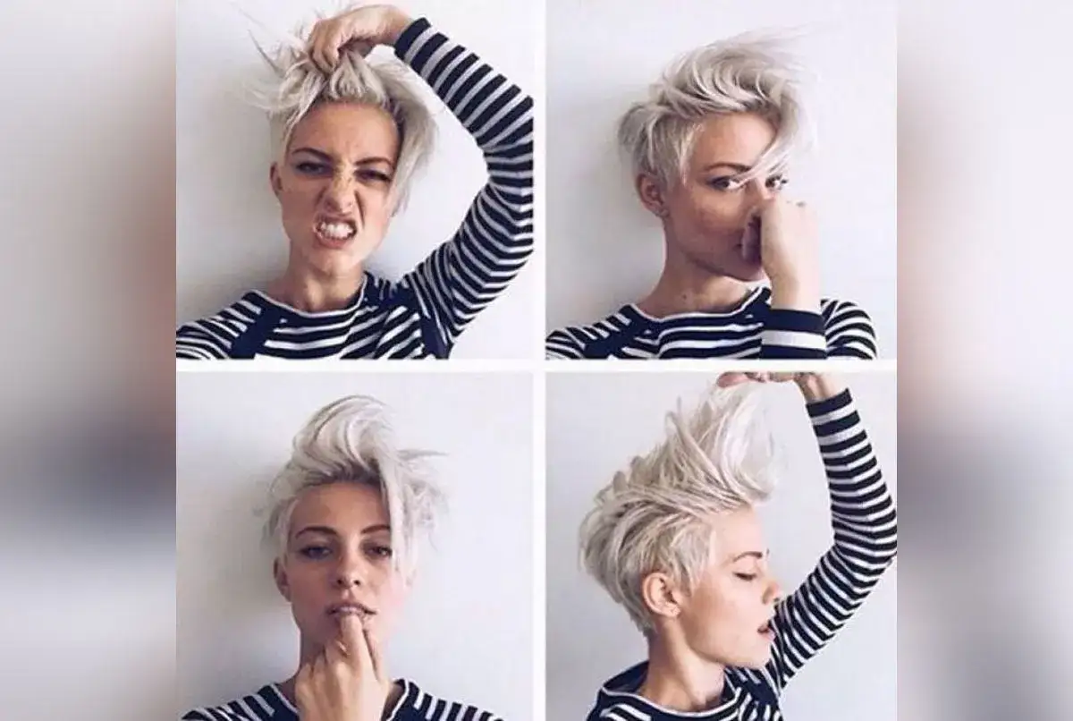Quatre portraits d'une femme avec une coupe courte rock chic, jouant avec ses cheveux blonds platine.
