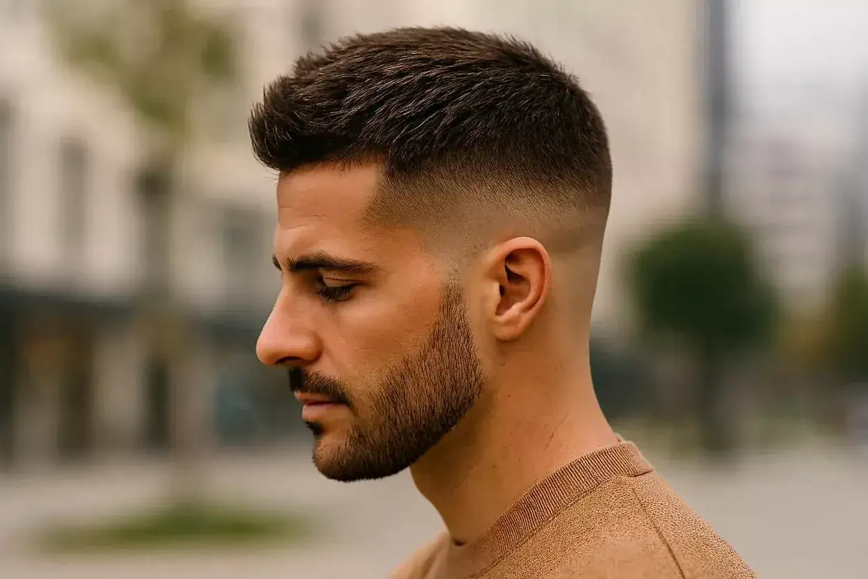 Un homme arbore une coupe homme classe courte avec un dégradé impeccable et une barbe soignée.
