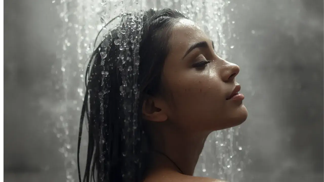 Une femme profite d'une douche rafraîchissante, l'eau ruisselant sur son visage et ses cheveux. Elle semble détendue, appréciant le moment de se rincer les cheveux tous les jours.