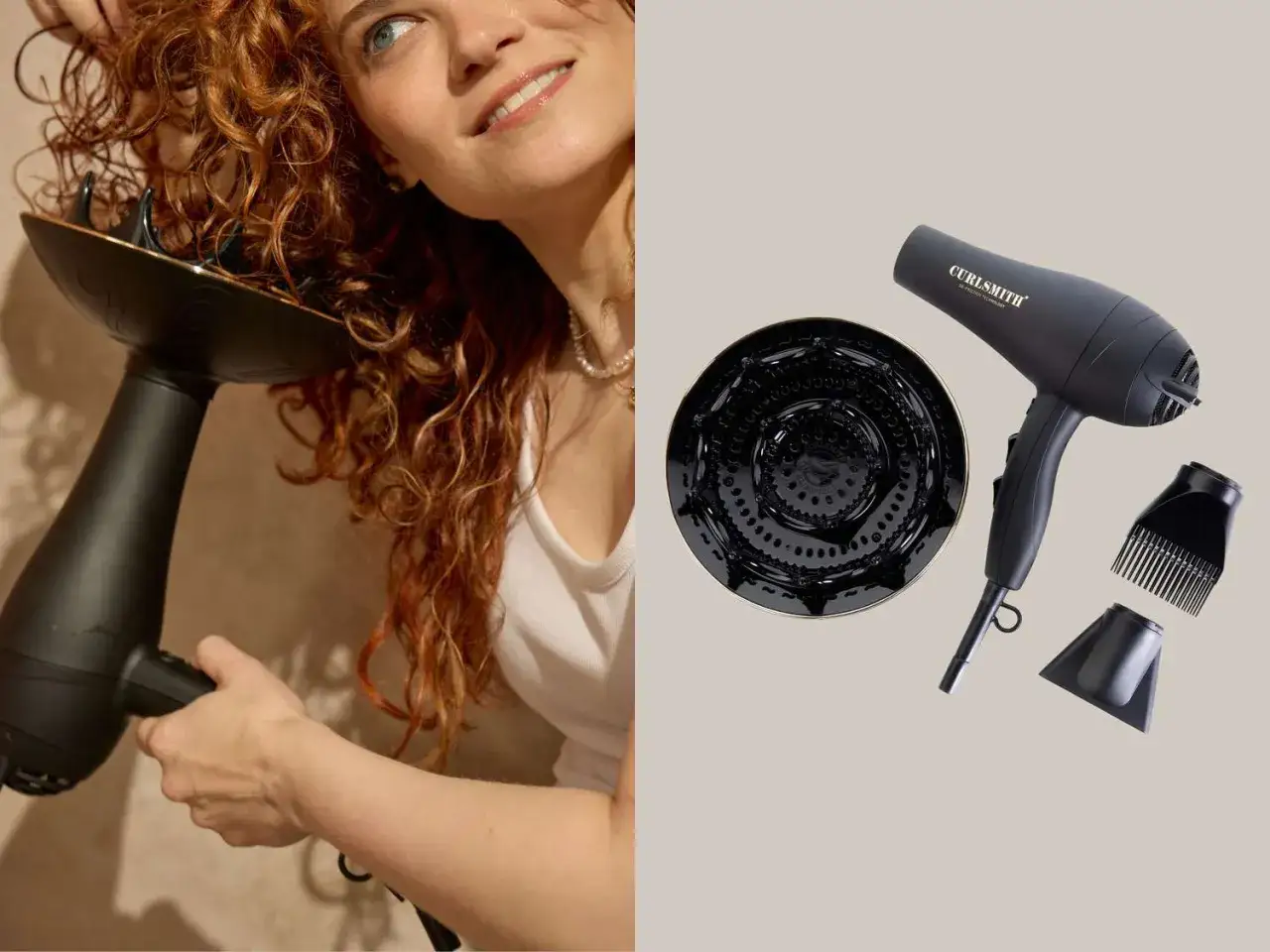 S&egrave;che-cheveux Curlsmith avec diffuseur pour savoir comment faire pour que les cheveux ne gonflent pas. Id&eacute;al pour les boucles d&eacute;finies.
