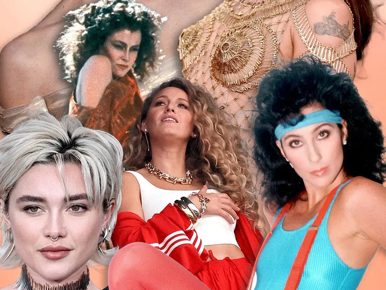 Collage de femmes aux coiffures et tenues iconiques, évoquant une coupe année 80.
