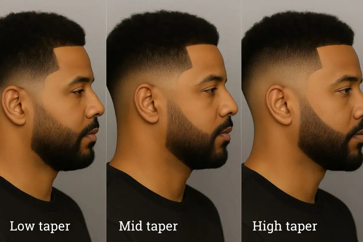 Trois vues d'un homme montrant un d&eacute;grad&eacute; de barbe : bas, moyen et haut. Le taper design est subtil mais distinct.