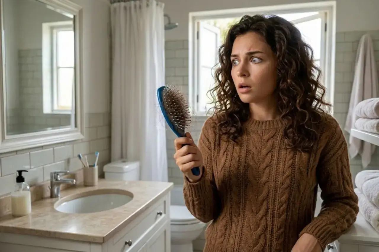 Femme choquée devant sa brosse à cheveux remplie de cheveux, signe de chute de cheveux en automne.