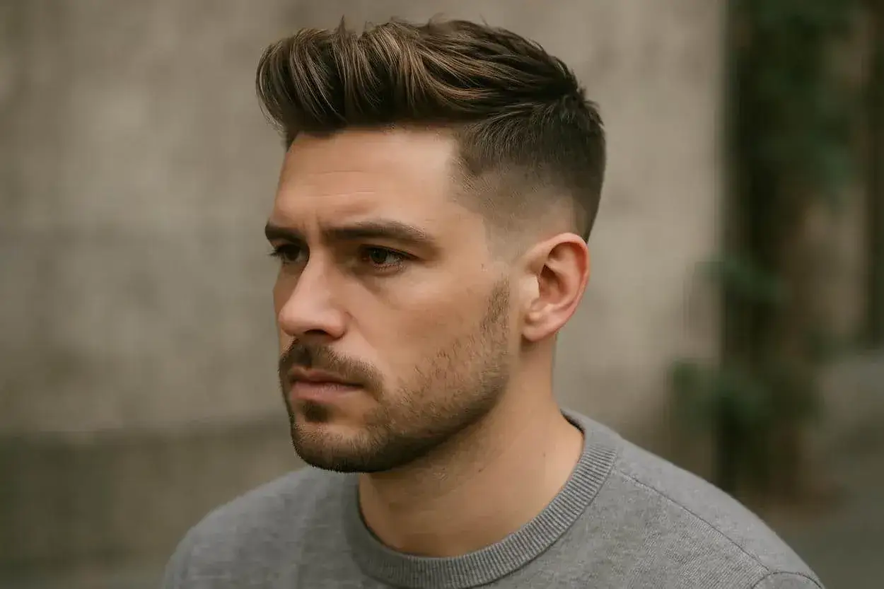 Un homme au regard pensif arbore une coupe de cheveux moderne avec un quiff textur&eacute; et un d&eacute;grad&eacute; impeccable.