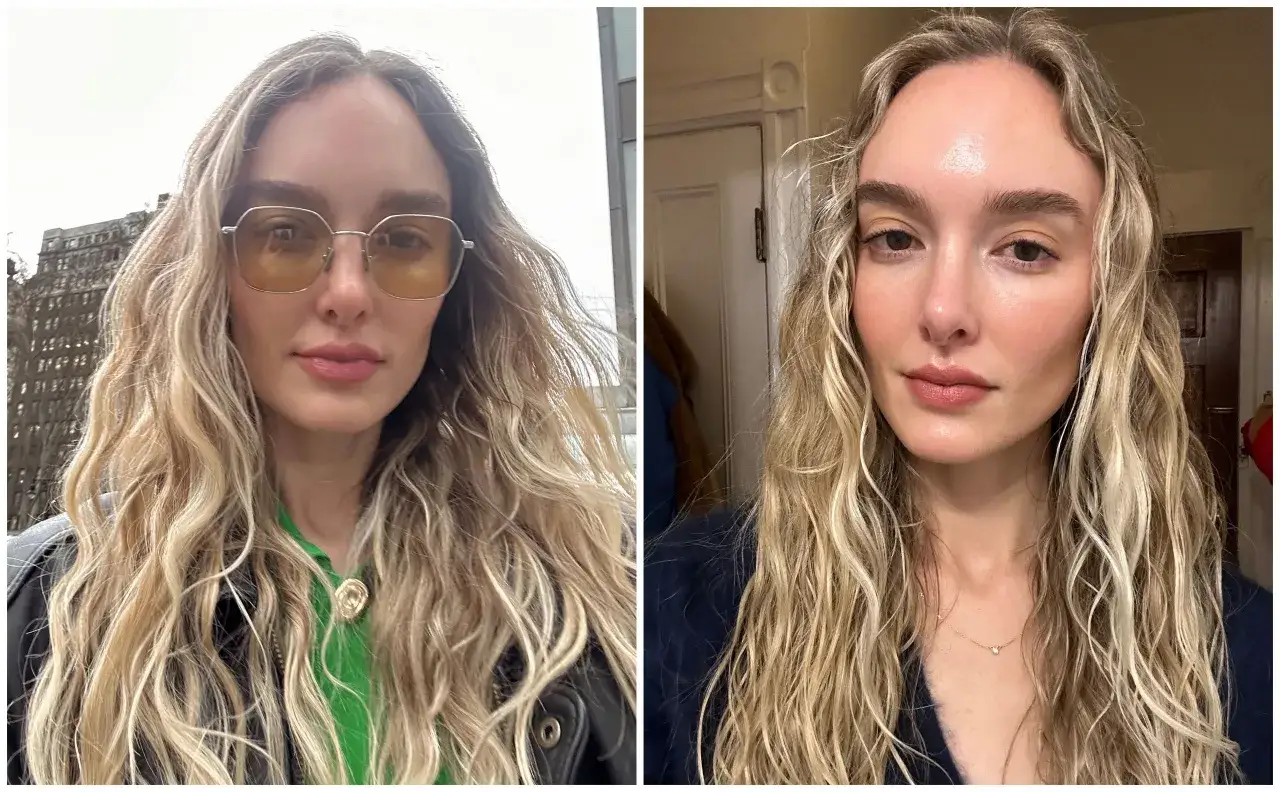 Deux portraits d'une femme aux cheveux blonds ondulés. Elle se demande pourquoi mes cheveux gonflent, peut-être à cause de l'humidité ou d'un produit.