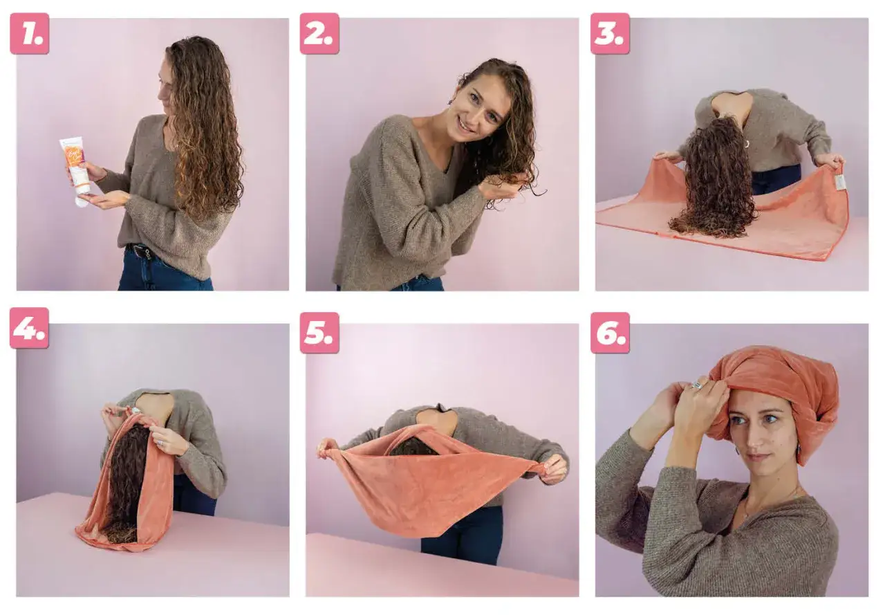 Étapes pour comment sécher ses cheveux bouclés avec une serviette : application de produit, scrunching, pose sur serviette, pliage, et turban.