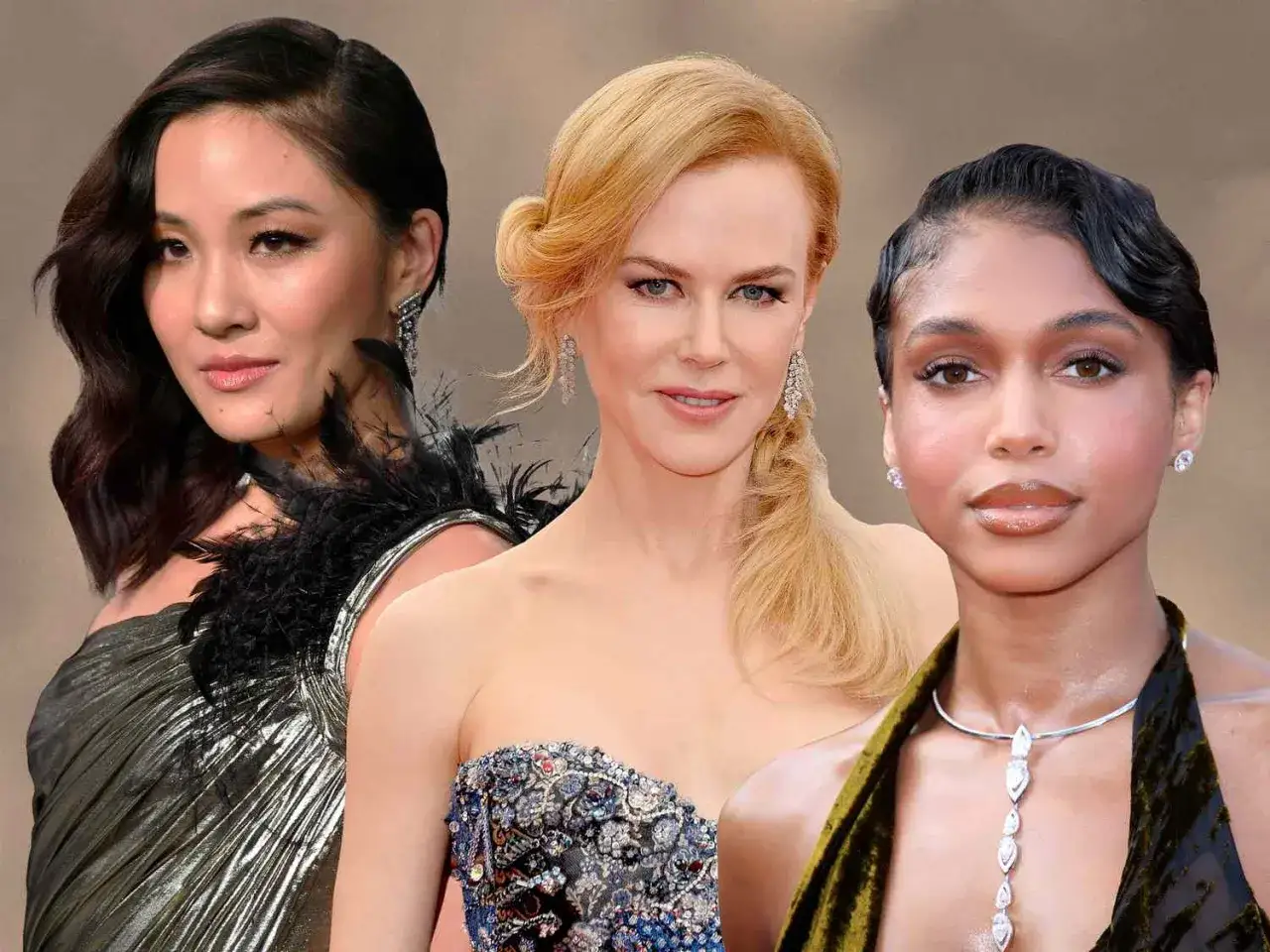Trois femmes élégantes, chacune avec une coiffure sur le côté cheveux mi long. L'une a des ondulations sombres, une autre une tresse blonde, et la troisième des boucles rétro.