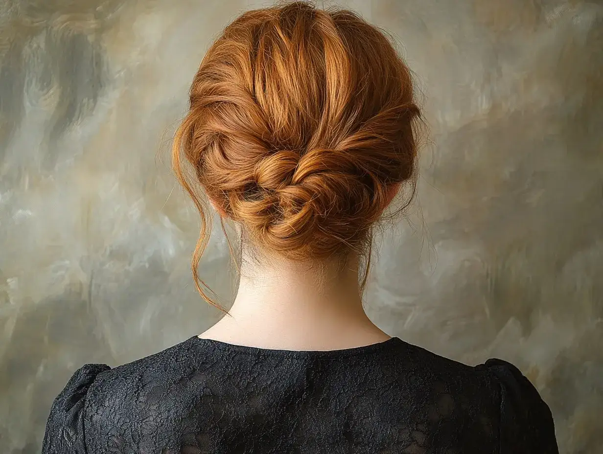 Une chevelure rousse magnifiquement coiffée en un chignon tressé, orné de quelques mèches rebelles.