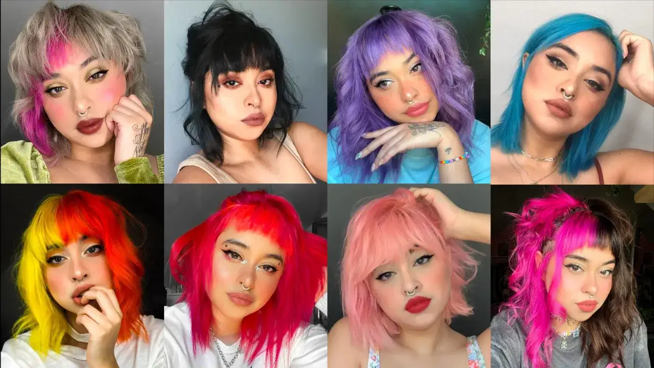 Collage de huit portraits de femmes aux cheveux colorés : rose vif, bleu, violet, bicolore jaune/rouge, rose pâle, brun/rose. Idées pour refaire une couleur par dessus une couleur.