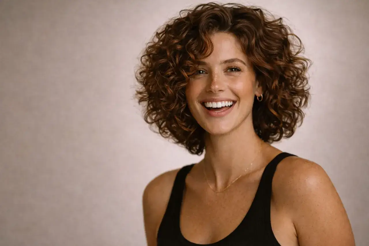 Une femme au sourire éclatant arbore une magnifique coupe cheveux ondulés, ses boucles brunes encadrant son visage.