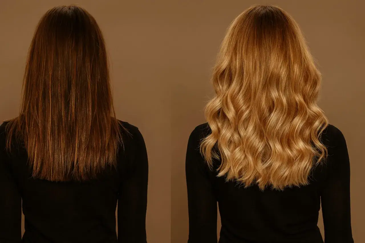 Avant/après : coloration blonde sur brune, résultat éclatant et wavy.