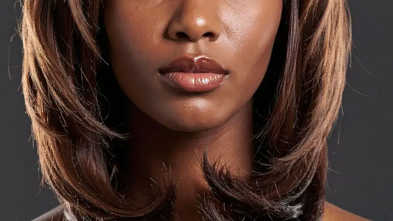 Gros plan sur la bouche d'une femme aux l&egrave;vres brillantes et &agrave; la chevelure brune aux reflets cuivr&eacute;s, un d&eacute;grad&eacute; invers&eacute; naturel.