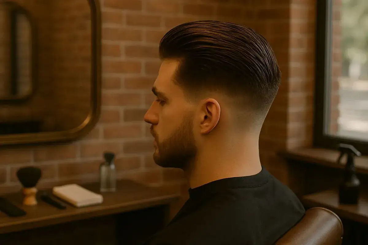 Homme avec une coupe de cheveux homme undercut stylis&eacute;e, d&eacute;grad&eacute; net sur les c&ocirc;t&eacute;s et le dessus coiff&eacute;.