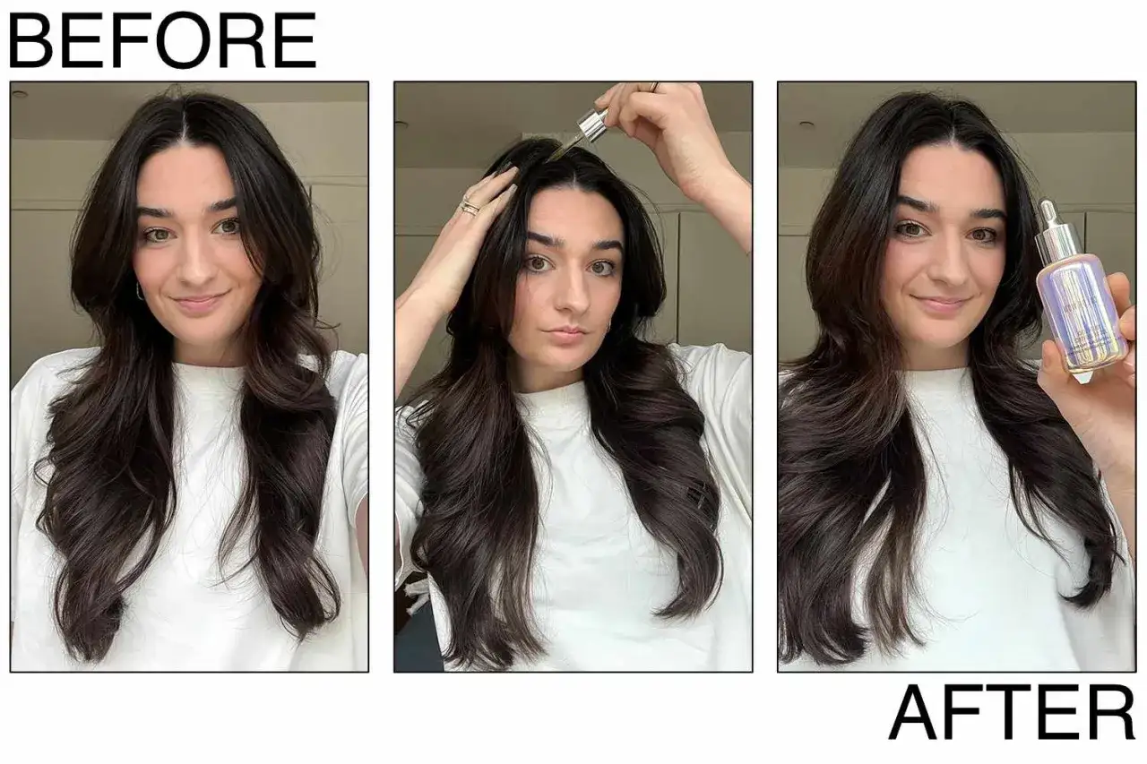 Avant/apr&egrave;s : une femme applique un s&eacute;rum sur son cuir chevelu pour lutter contre pourquoi mes cheveux graissent vite. Ses cheveux sont plus brillants et moins gras.