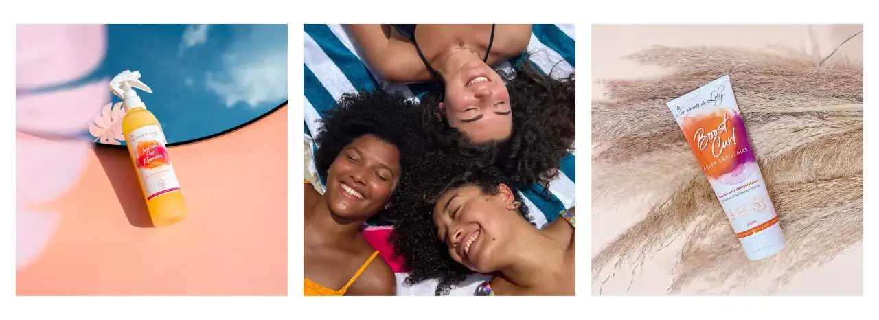 Trois jeunes femmes aux cheveux d'été, souriantes, profitent du soleil. Produits capillaires pour des boucles parfaites.