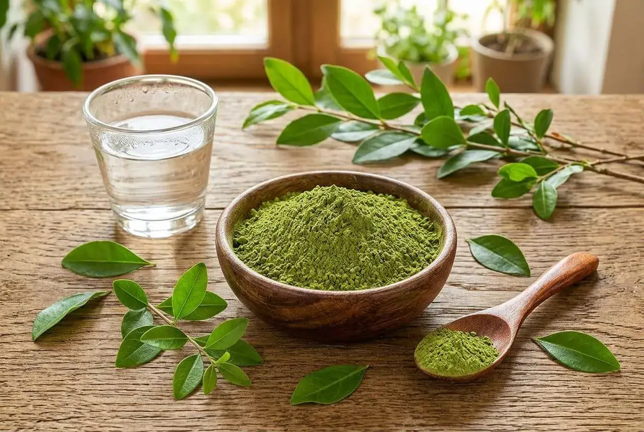 Poudre verte de le henne dans un bol en bois, une cuill&egrave;re, des feuilles et un verre d'eau sur une table en bois.