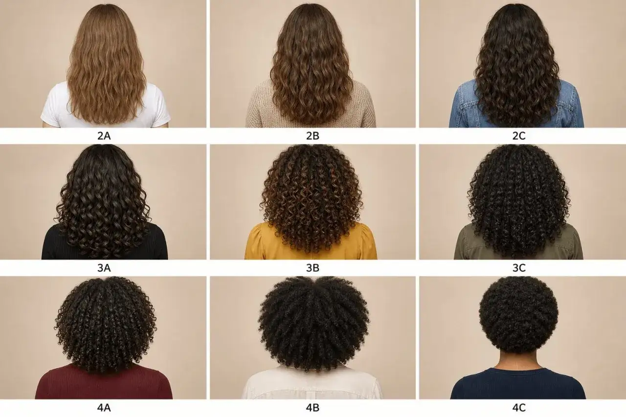 Neuf types de cheveux, du lisse au tr&egrave;s boucl&eacute;, illustrant le nombre de cheveux et leur texture.