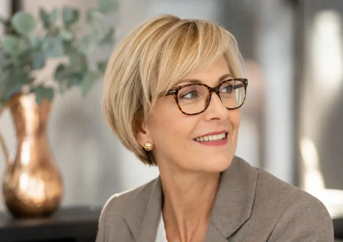 Une femme souriante, portant des lunettes à motif écaille et une coupe qui rajeunit, avec un blazer gris.