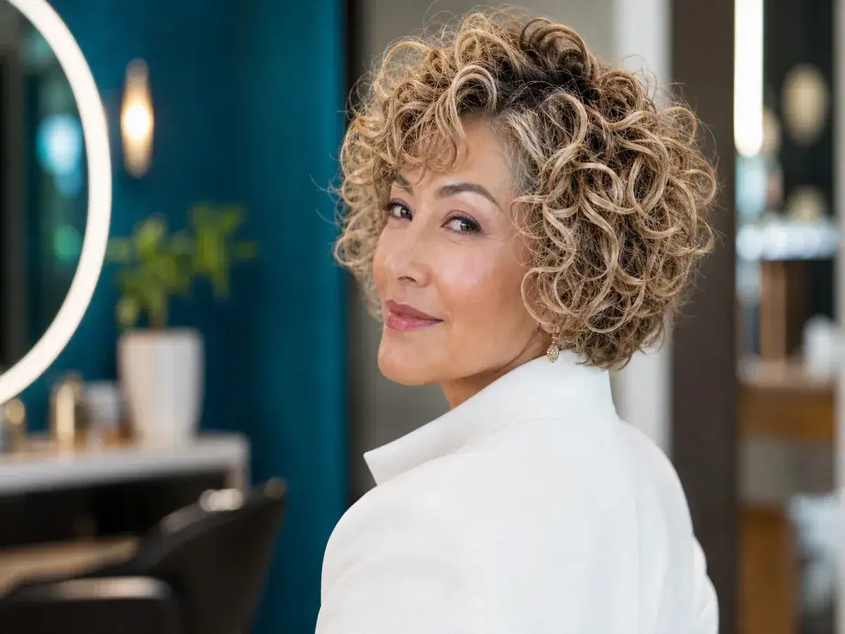 Femme de 60 ans rayonnante avec une magnifique coupe de cheveux bouclés et frisés, portant une veste blanche.
