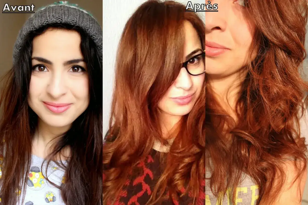 Transformation capillaire : une jeune femme passe de brune &agrave; rousse, arborant une chevelure flamboyante.