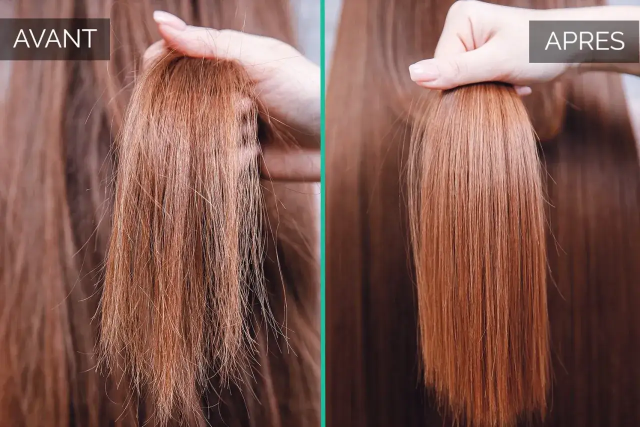 Avant/Après : Cheveux indisciplinés vs. cheveux lisses et brillants. La différence entre un lissage brésilien et un lissage au tanin est spectaculaire.