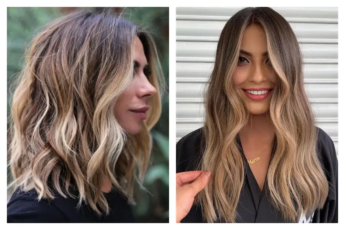 Comparaison visuelle : différence ombre hair et balayage sur deux femmes aux cheveux longs et ondulés, avec des dégradés blonds subtils.