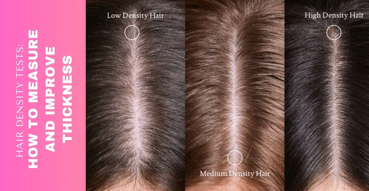 Comparaison de la densité capillaire : cheveux clairsemés, moyens et denses. Le cuir chevelu est visible à travers les mèches.