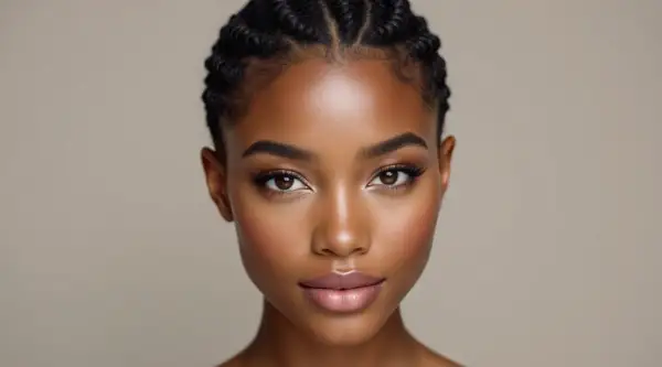 Visage d'une jeune femme à la peau foncée, maquillée, avec une tresse cheveux court sur le dessus de la tête.