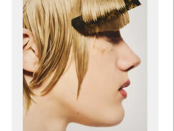 Une personne aux cheveux blonds mouillés, avec un peigne qui semble faire partie de sa frange, en pleine transformation.