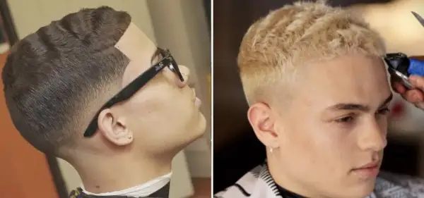 Deux hommes avec des coupes de cheveux ondulées. L'un a des cheveux bruns avec des vagues définies, l'autre des cheveux blonds clairs en cours de coupe. Apprenez comment onduler ses cheveux.
