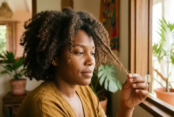 Une femme examine ses cheveux abîmés, se demandant que faire pour les revitaliser.