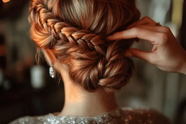 Une main ajuste une magnifique coiffure tresse, un chignon élégant orné de mèches blondes cuivrées.