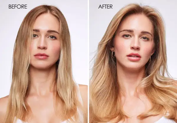 Avant/après : des cheveux fins transformés en une chevelure volumineuse et éclatante.