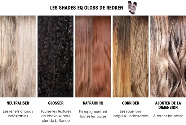 Cinq exemples de quel couleur de cheveux, du blond clair au brun foncé, montrant les effets des produits Redken Shades EQ Gloss.